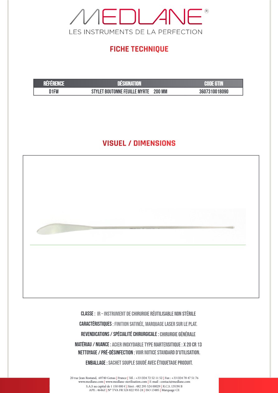 Stylet Boutonné Feuille Myrte 200 mm — REF D1FW