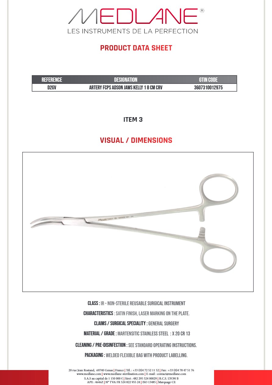 Photo produit MEDLANE : Pince Hémostatique Adson Mors Kelly 180 mm Courbe, référence D2GV