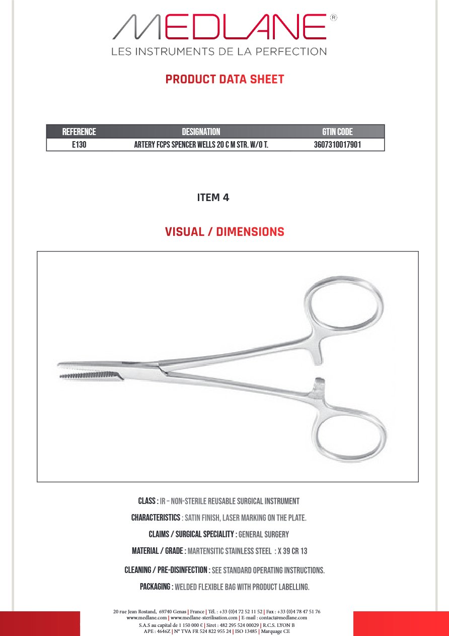 Photo produit MEDLANE : Pince Hémostatique Spencer Wells 200 mm D. sans Griffes, référence E130