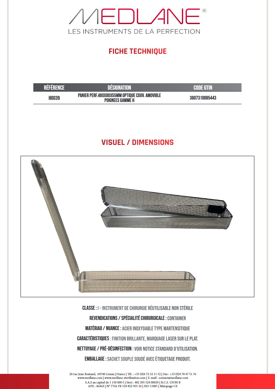 Panier Perforé 480x 80x 55mm Optique Couvercle Amovible Poignees Gamme H — REF H0039