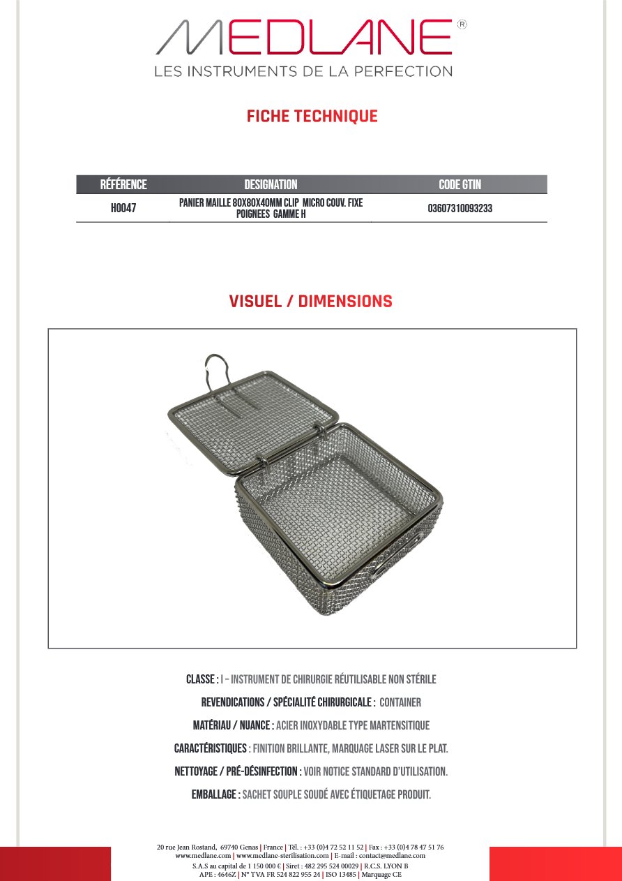 Panier Maille 80X80X40MM Clip Micro Couvercle Fixe Poignees Gamme H — REF H0047