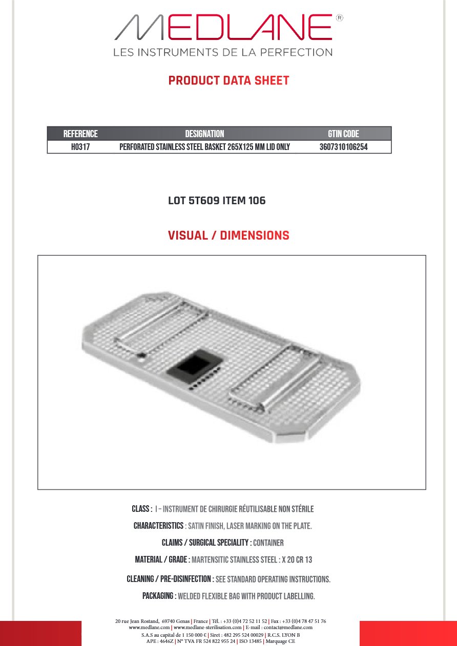 Panier Perforé 265X125MM Couvercle Seul Gamme H — REF H0317
