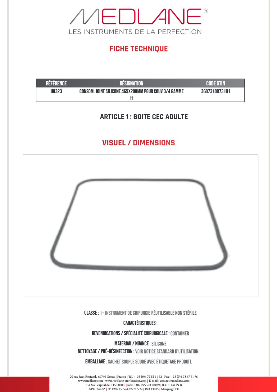 Photo produit MEDLANE : Consommable Joint Silicone 465X280MM pour Couvercle 3/4 Gamme H, référence H0323