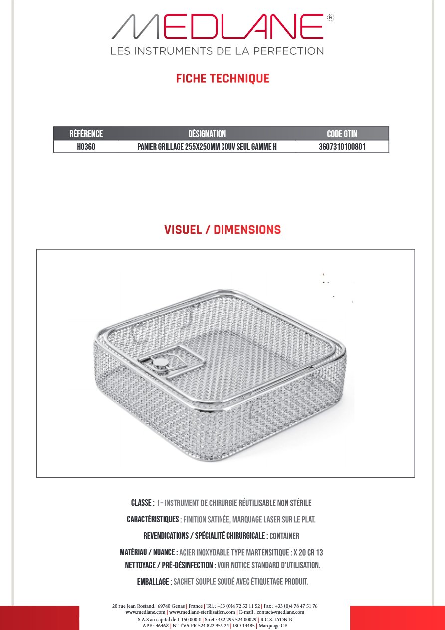 Panier Grillage 255X250MM Couvercle Seul Gamme H — REF H0360