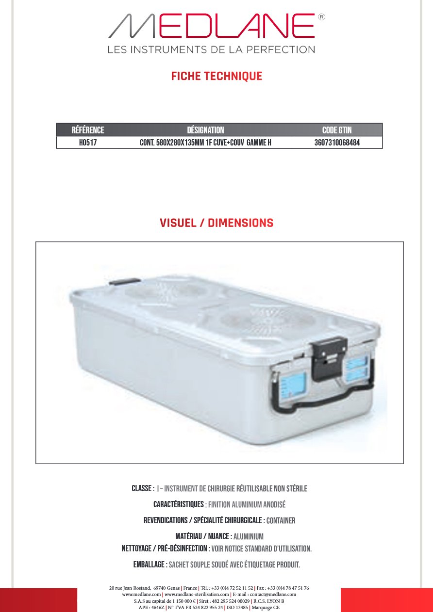 Photo produit MEDLANE : Conteneur 580X280X135MM 1F Cuve+couvercle Gamme H, référence H0517