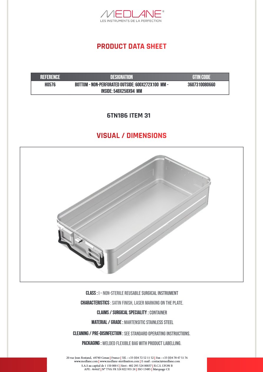 Conteneur 600X272X100MM Extérieur 548X258X94MM Intérieur Cuve Seule Gamme H — REF H0576
