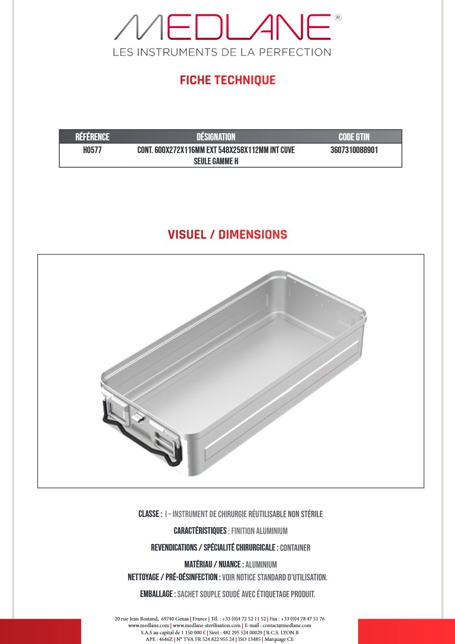 Conteneur 600X272X116MM Ext 548X258X112MM Int Cuve Seule Gamme H — REF H0577