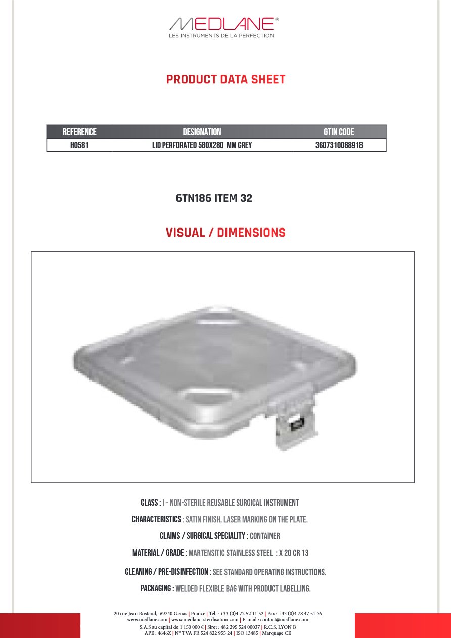 Conteneur 580X280MM Couvercle Perforé Seul Gris Gamme H — REF H0581