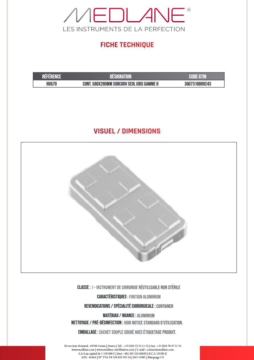 Conteneur 580X280MM Surcouvercle Seul Gris Gamme H — REF H0670