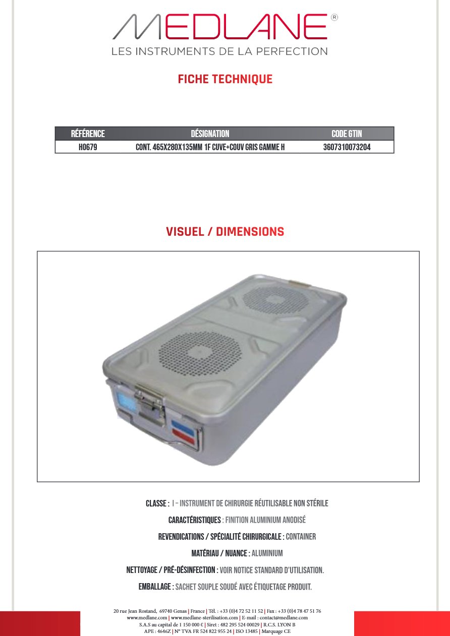 Conteneur 465X280X135MM 1F Cuve+couvercle Gris Gamme H — REF H0679