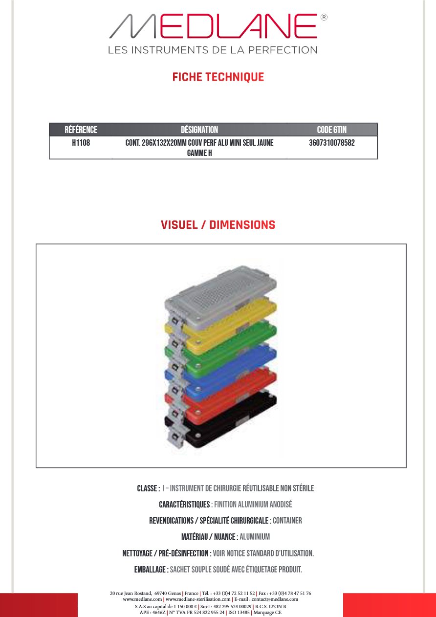 Conteneur 296X132X20MM Couvercle Perforé Alu Mini Seul Jaune Gamme H — REF H1108