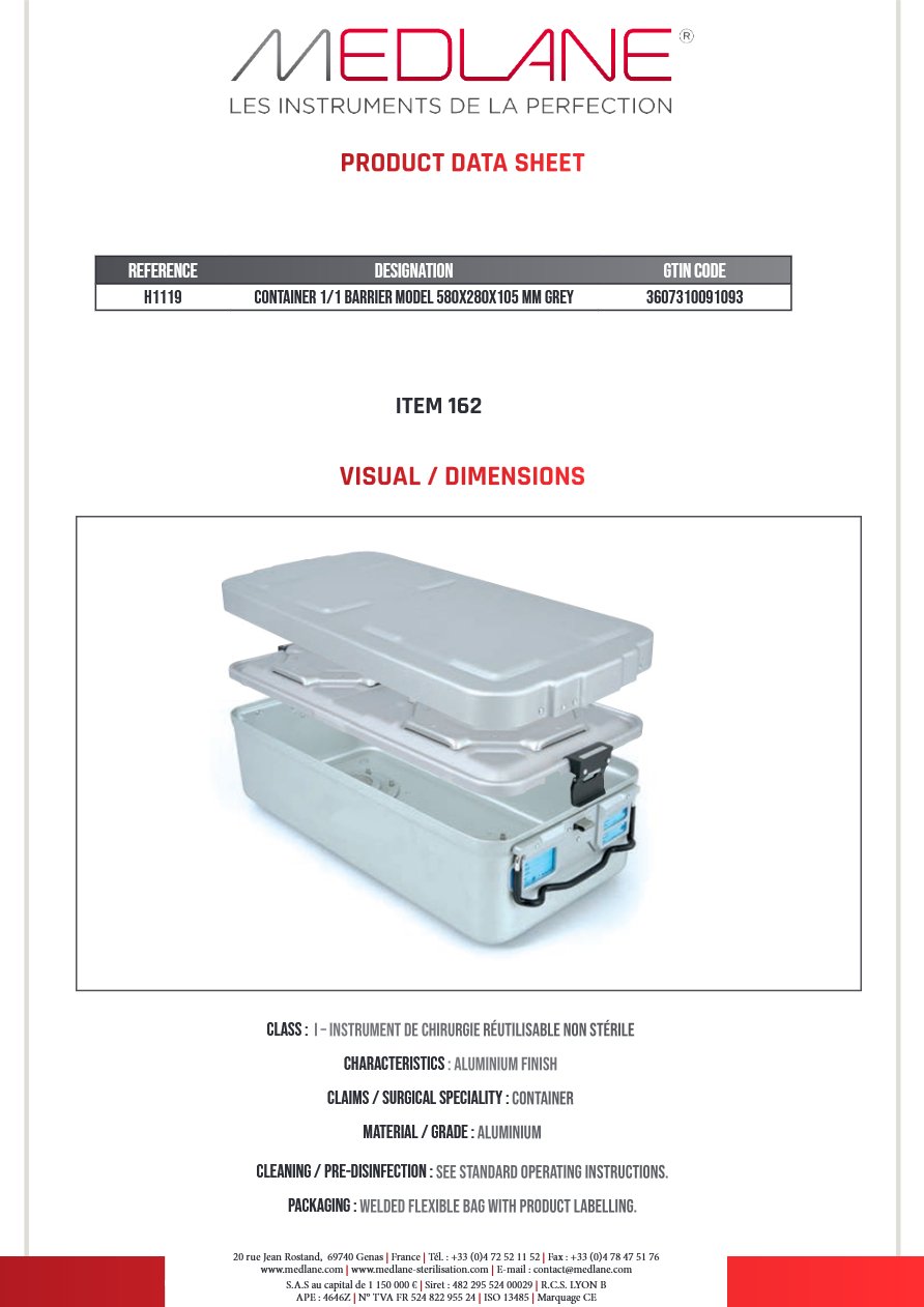 Conteneur 580X280X105MM 1F Cuve+couvercle Soupape Gris Gamme H — REF H1119