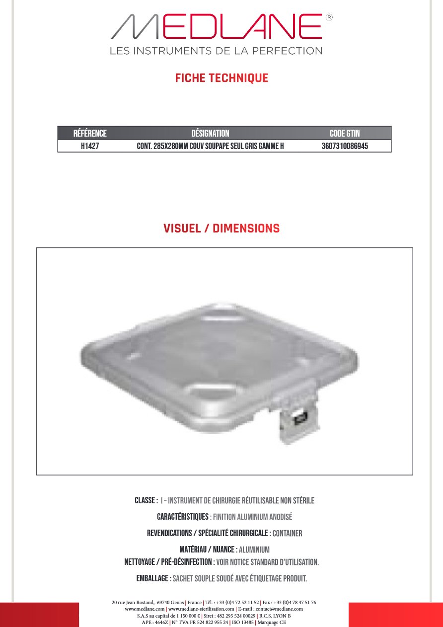 Conteneur 285X280MM COUV SOUPAPE SEUL GRIS GAMME H — REF H1427