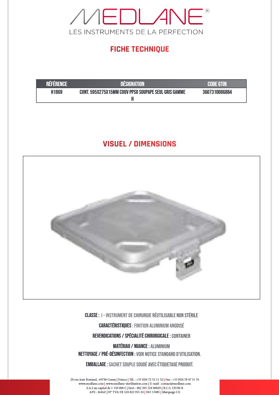 Conteneur 595X275X15MM Couvercle PPSU Soupape Seul Gris Gamme H — REF H1869