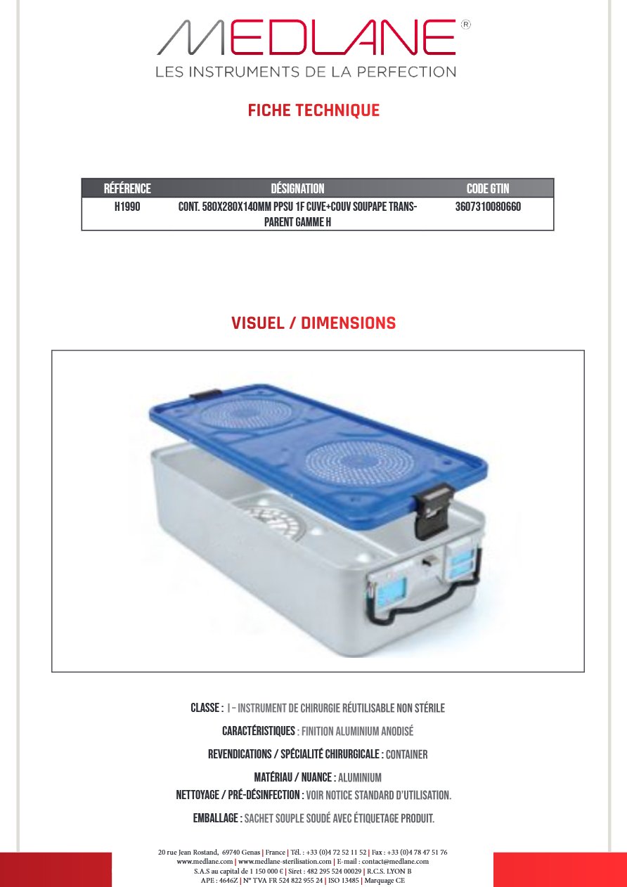 Conteneur 580X280X140MM PPSU 1F Cuve+couvercle Soupape Transparent Gamme H — REF H1990