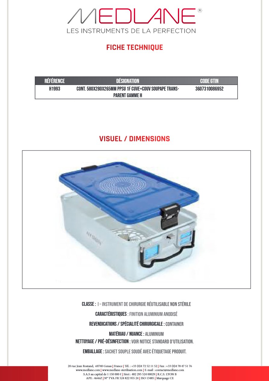 Conteneur 580X280X265MM PPSU 1F Cuve+couvercle Soupape Transparent Gamme H — REF H1993
