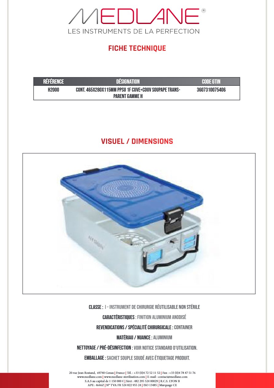 Conteneur 465X280X115MM PPSU 1F Cuve+couvercle Soupape Transparent Gamme H — REF H2000
