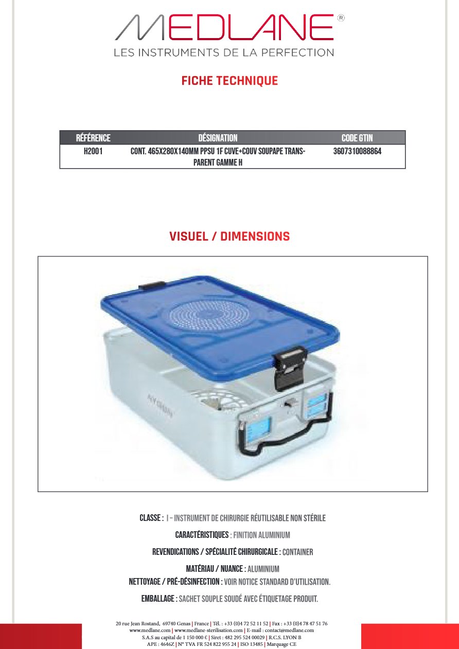 Conteneur 465X280X140MM PPSU 1F CUVE+COUV SOUPAPE TRANSPARENT GAMME H — REF H2001