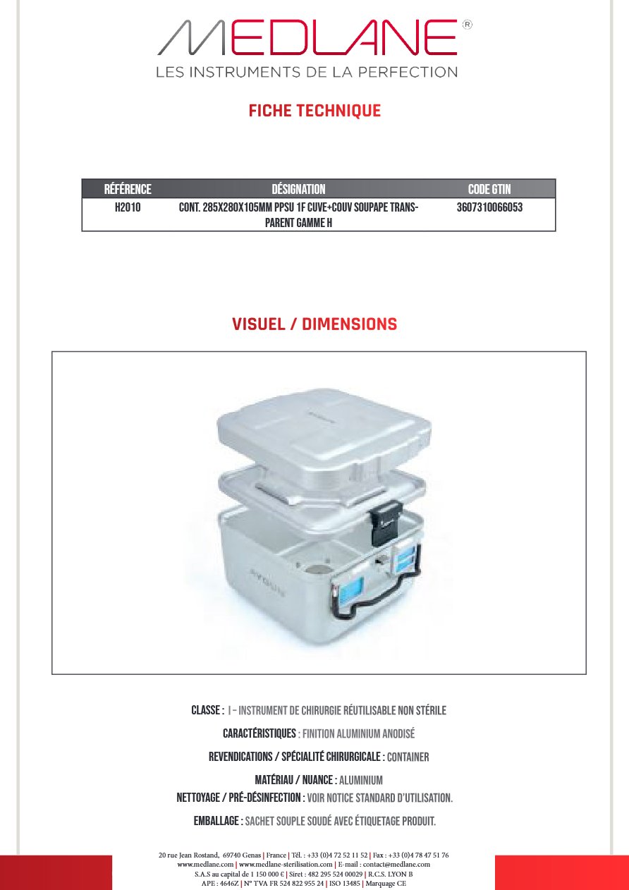 Conteneur 285X280X105MM PPSU 1F Cuve+couvercle Soupape Transparent Gamme H — REF H2010