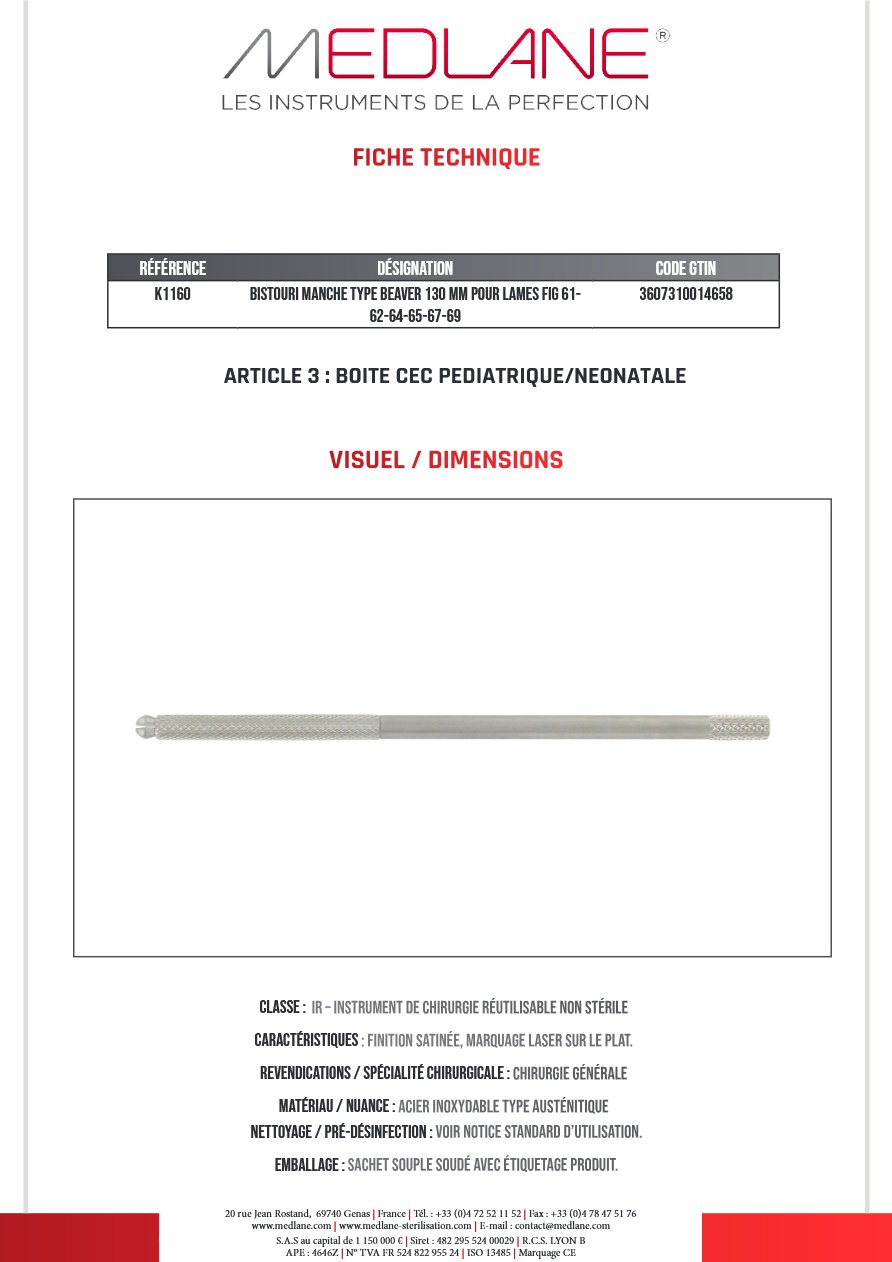 Bistouri Manche Type Beaver 130 mm pour Lames Figure 61-62-64-65-67-69 — REF K1160