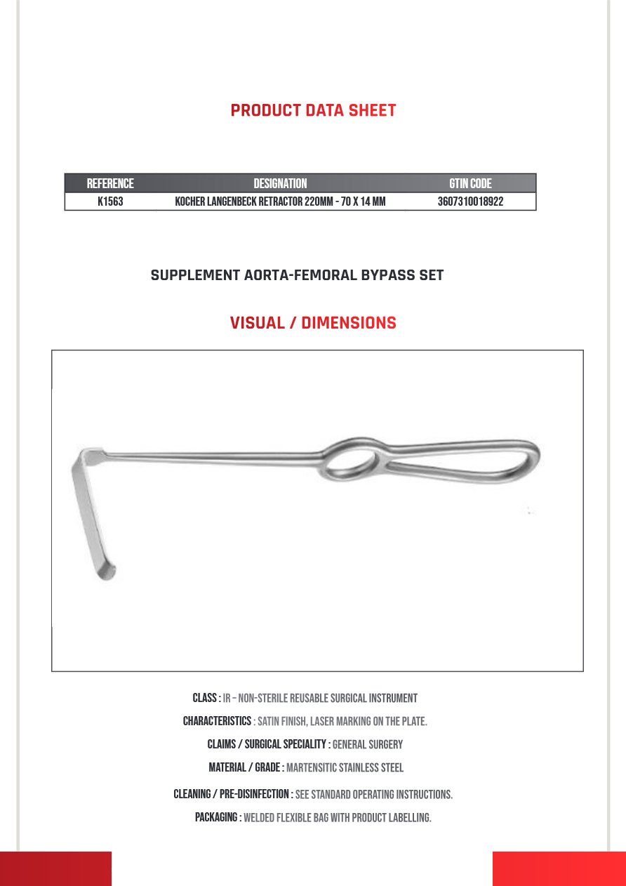 Photo produit MEDLANE : Ecarteur /manche Kocher 220 mm 70 X14 mm, référence K1563