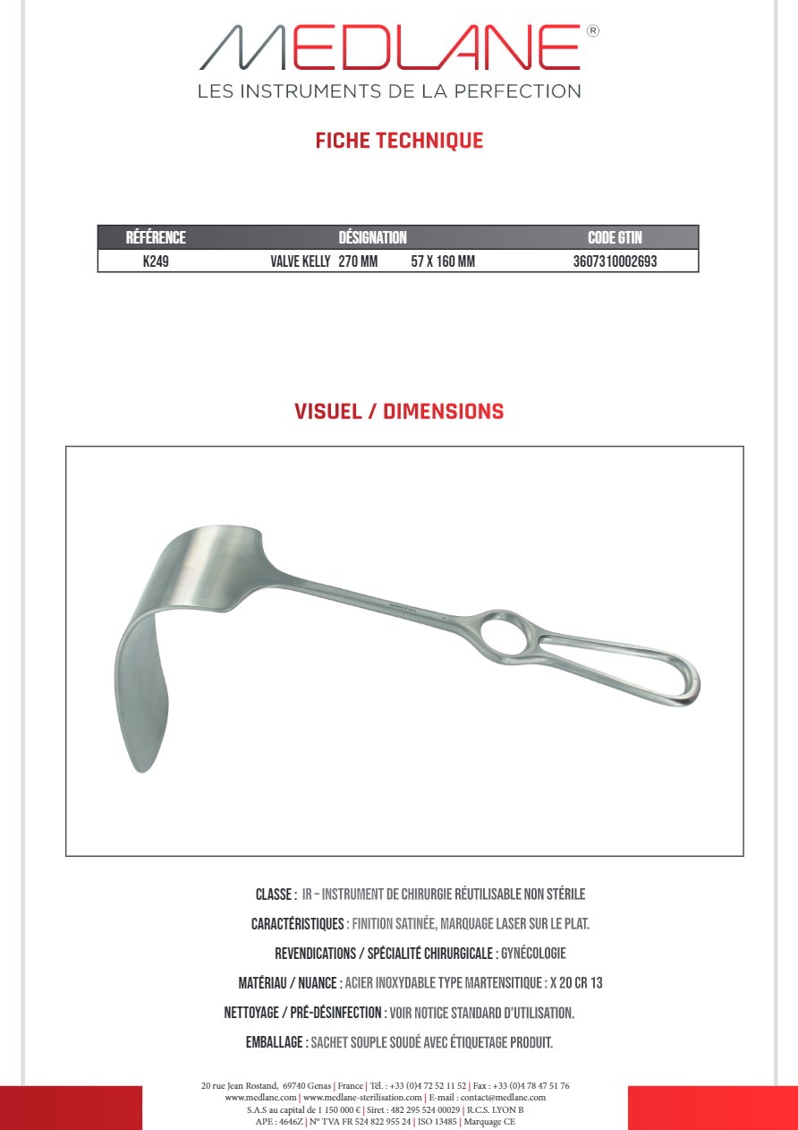 MEDLANE product photo: Valve Kelly 270 mm 57 X 160 mm, reference K249