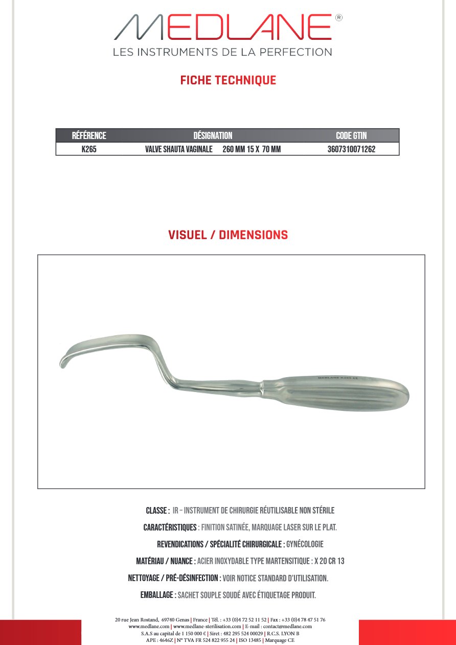Valve Shauta Vaginale 260 mm 15 X 70 mm — REF K265