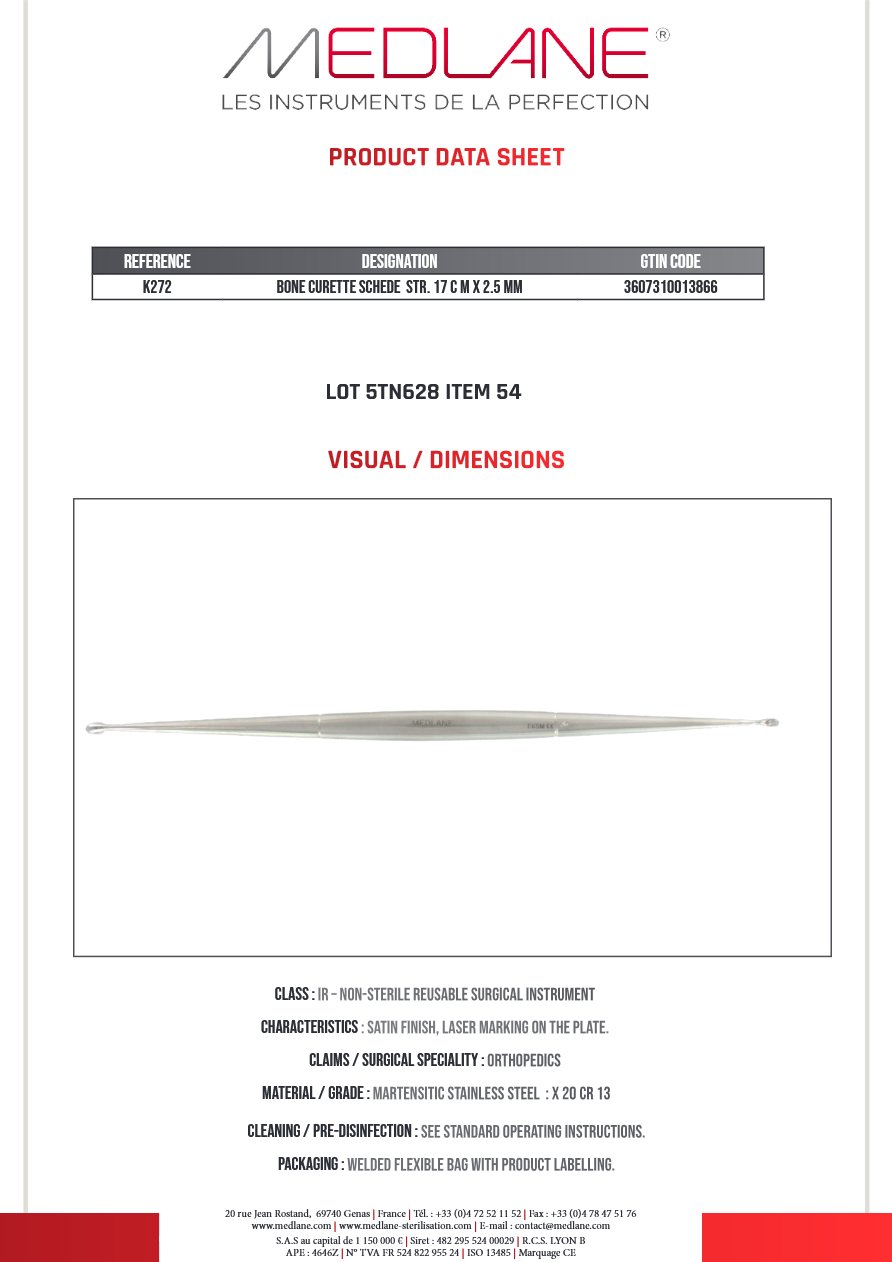 Curette Osseuse Schede Droite 170 X 2.5 mm — REF K272