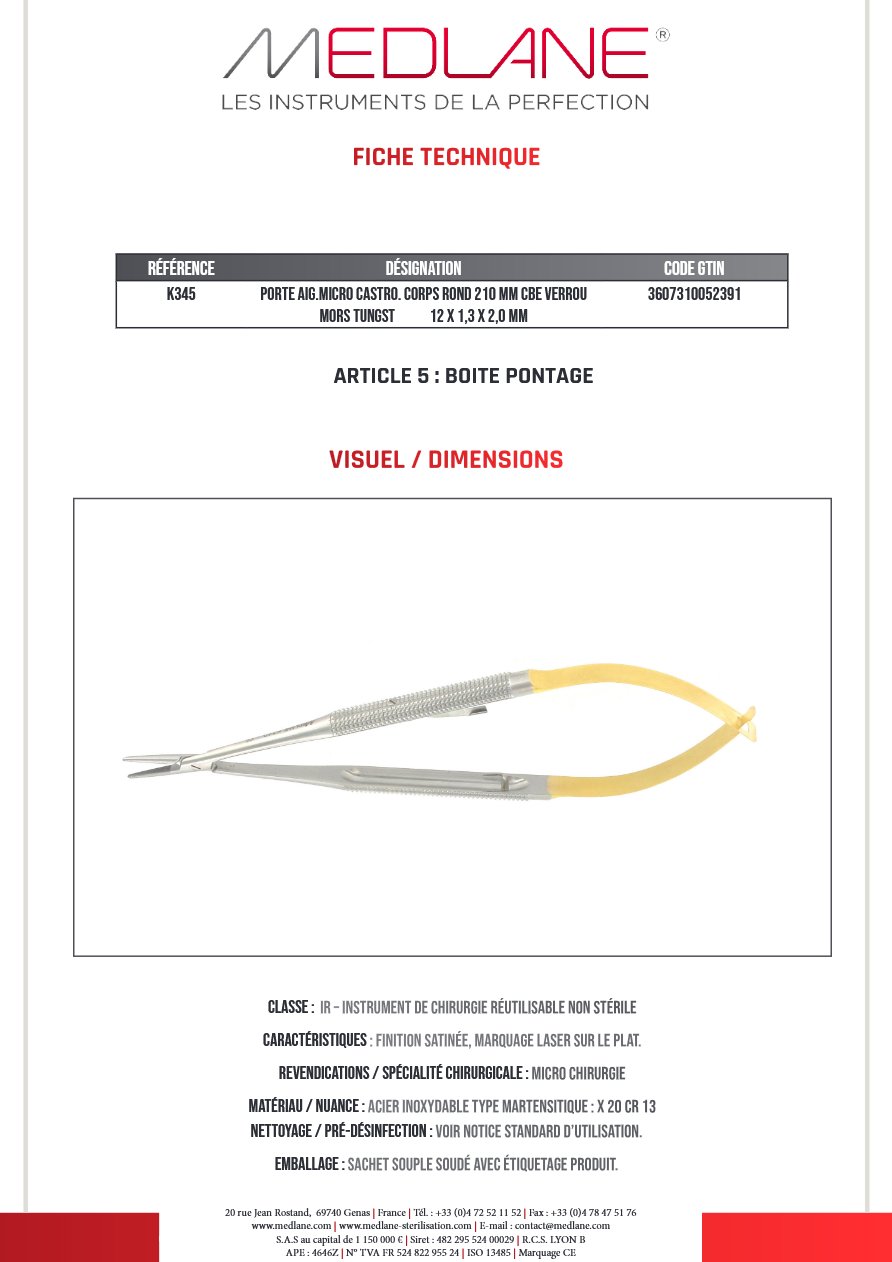 Porte Aiguille micro Castro Corps Rond 210 mm Courbe Verrou Mors Tungstène 12 X 1,3 X 2,0 mm — REF K345