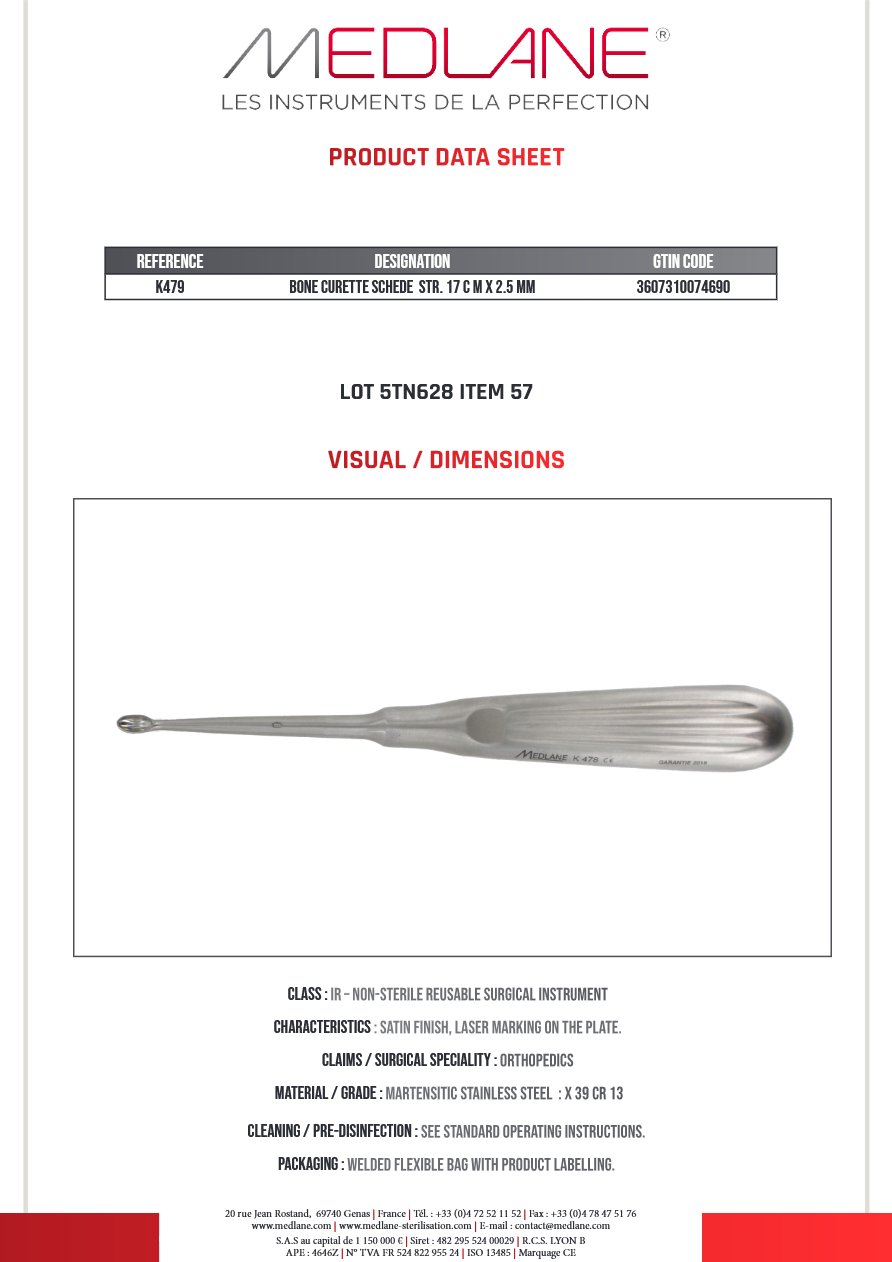 Curette Osseuse Schede Droite 170 X 5.2 mm — REF K479