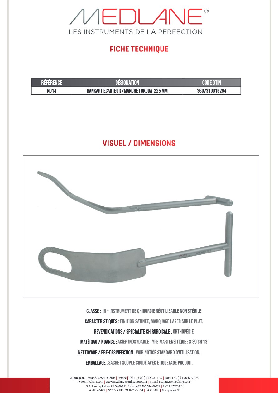 Bankart Ecarteur /manche Fukuda 225 mm - REF N014