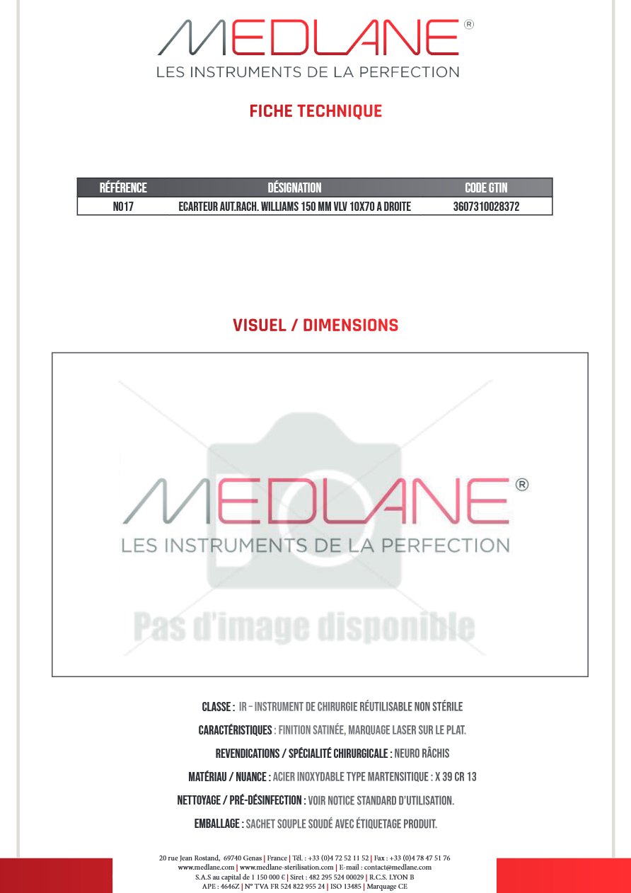 Ecarteur Aut.rach. Williams 150 mm Vlv 10X70 a Droite — REF N017
