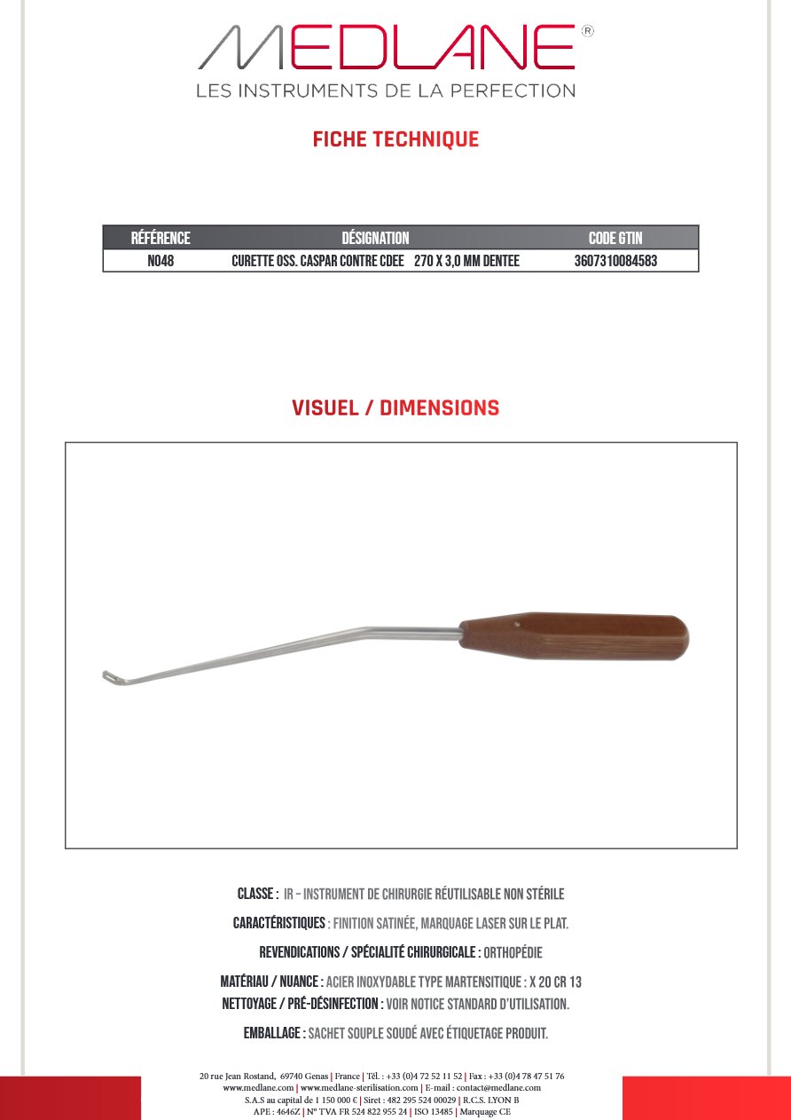 Photo produit MEDLANE : Curette Osseuse Caspar Contre Coudée 270 X 3,0 mm Dentee, référence N048