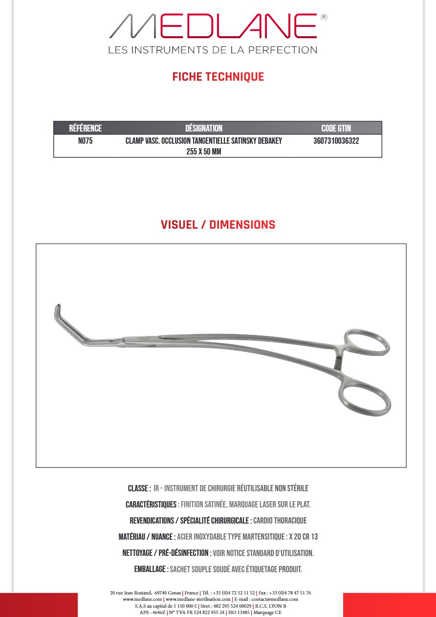 Clamp Vasc. Occlusion Tangentielle Satinsky Debakey 255 X 50 Mm — REF N075
