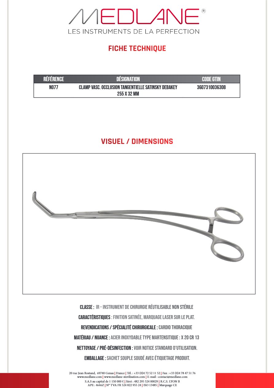 Clamp Vasc. Occlusion Tangentielle Satinsky Debakey 255 X 32 Mm — REF N077
