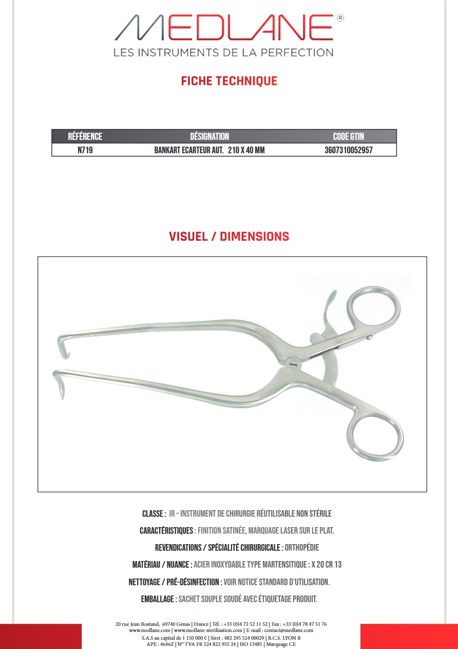 Photo produit MEDLANE : Bankart Ecarteur Autostatique 210 X 40 mm, référence N719
