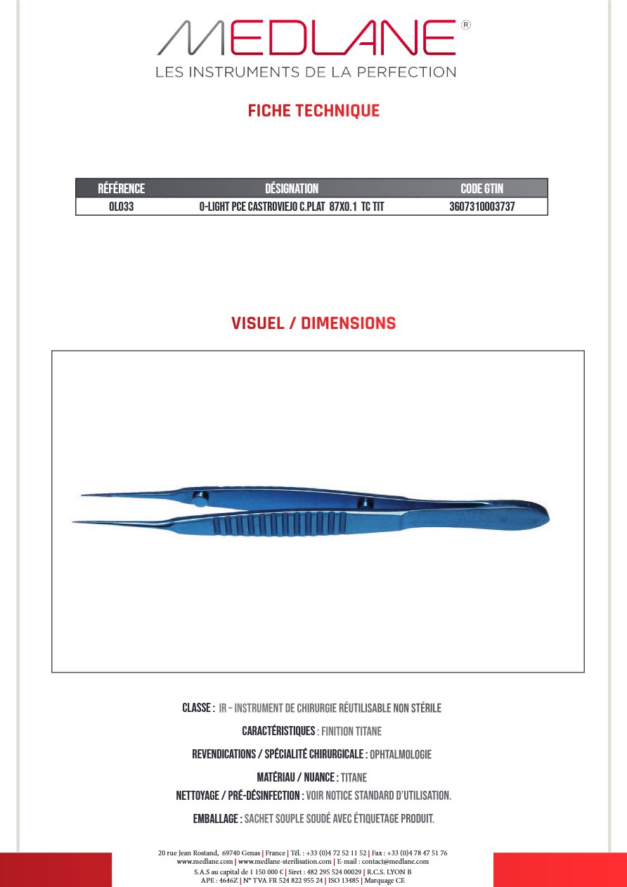 O-light Pince Castroviejo C. plat 87X0.1 Tc Titane — REF OL033