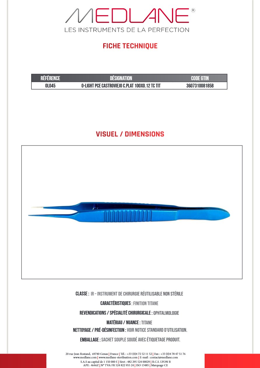 O-light Pince Castroviejo C. plat 100X0.12 Tc Titane — REF OL045