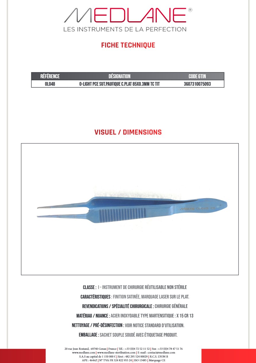O-light Pince Suture paufique C. plat 85X0.3MM Tc Titane — REF OL048