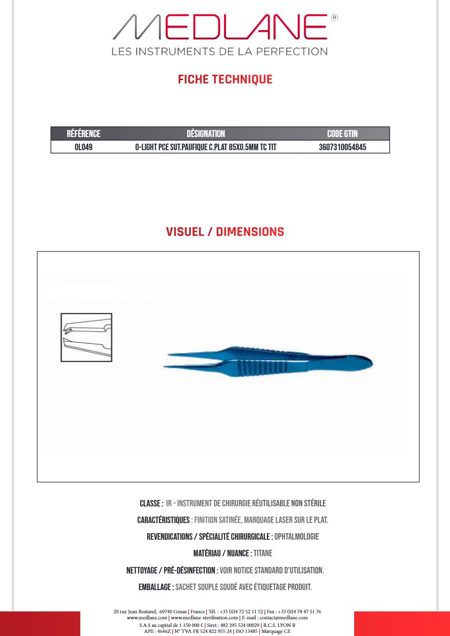 O-light Pince Suture paufique C. plat 85X0.5MM Tc Titane — REF OL049
