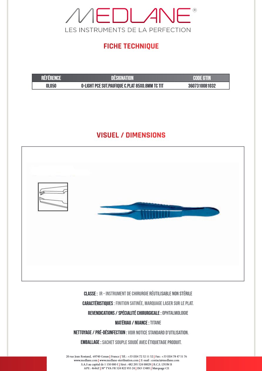 O-light Pince Suture paufique C. plat 85X0.8MM Tc Titane — REF OL050