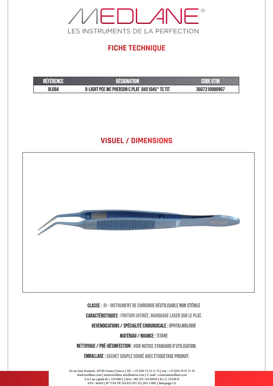 O-light Pince Mc Pherson C. plat 84X1045° Tc Titane — REF OL084