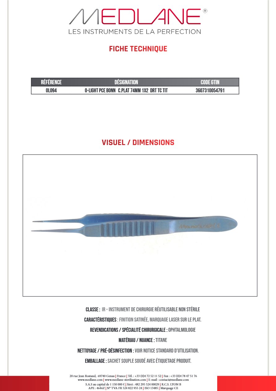 O-light Pince Bonn C. plat 74MM 1X2 Droit Tc Titane — REF OL094