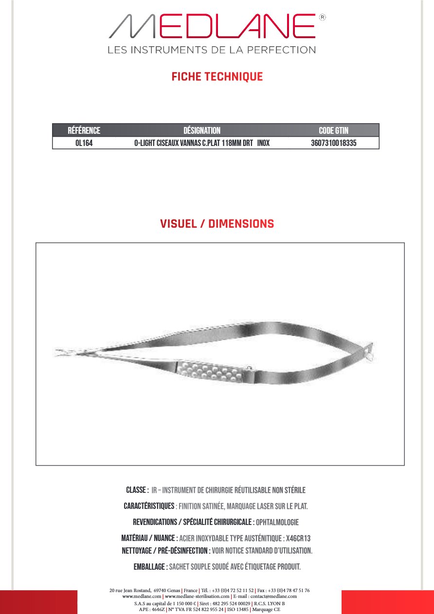 O-light Ciseaux Vannas C. plat 118MM Droit Inox — REF OL164
