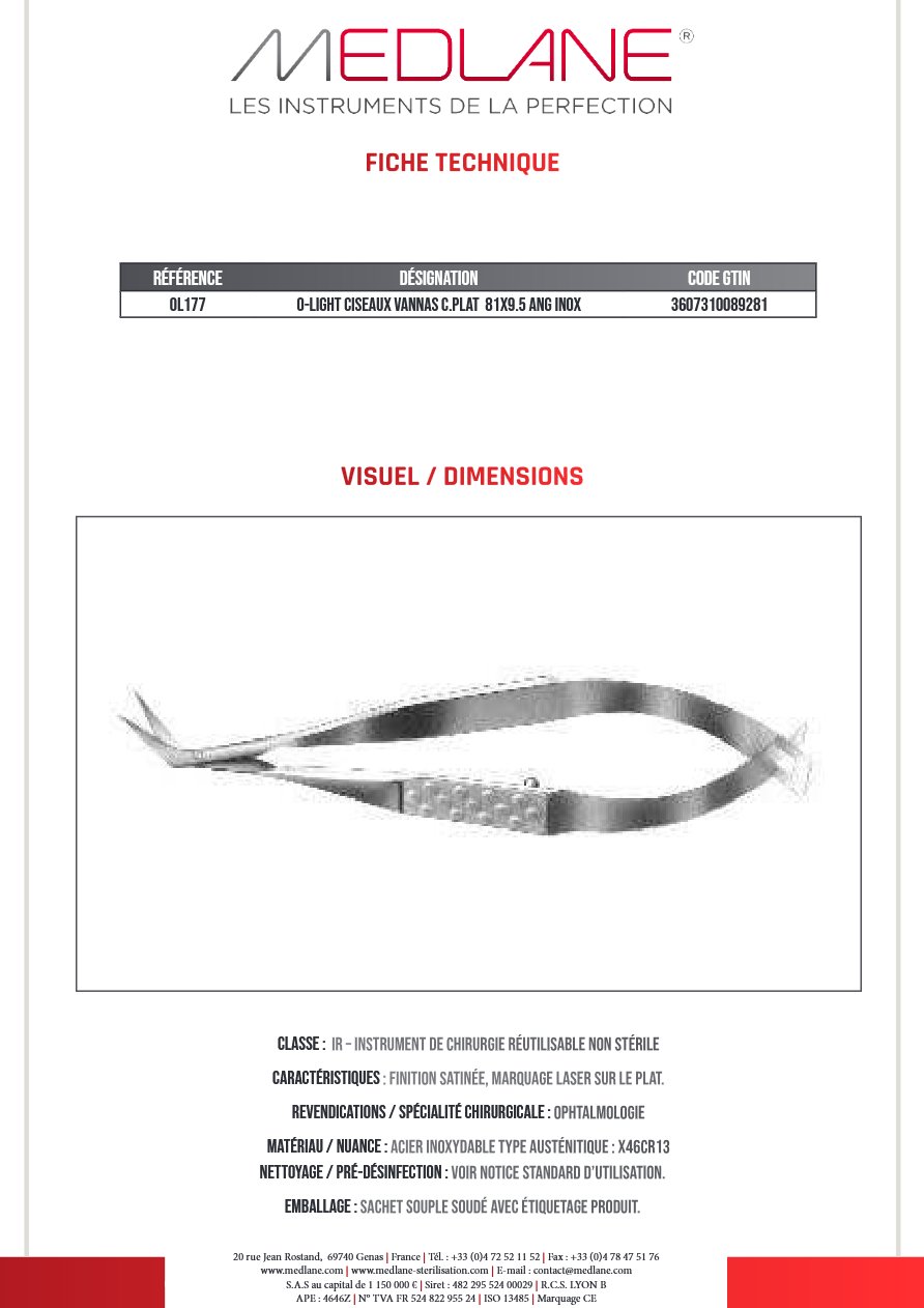O-light Ciseaux Vannas C. plat 81X9.5 Angulé Inox — REF OL177