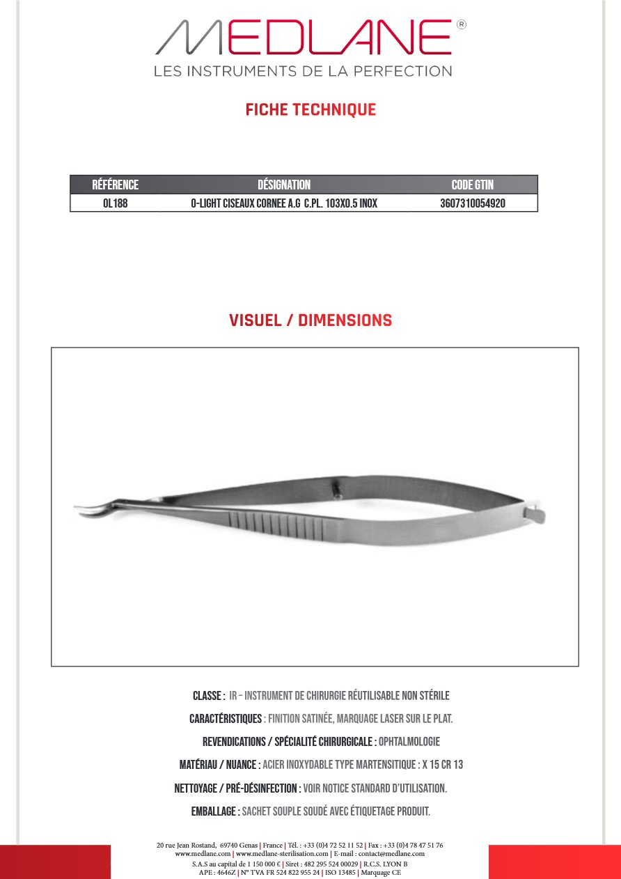O-light Ciseaux Cornee A. g C. pl. 103X0.5 Inox — REF OL188