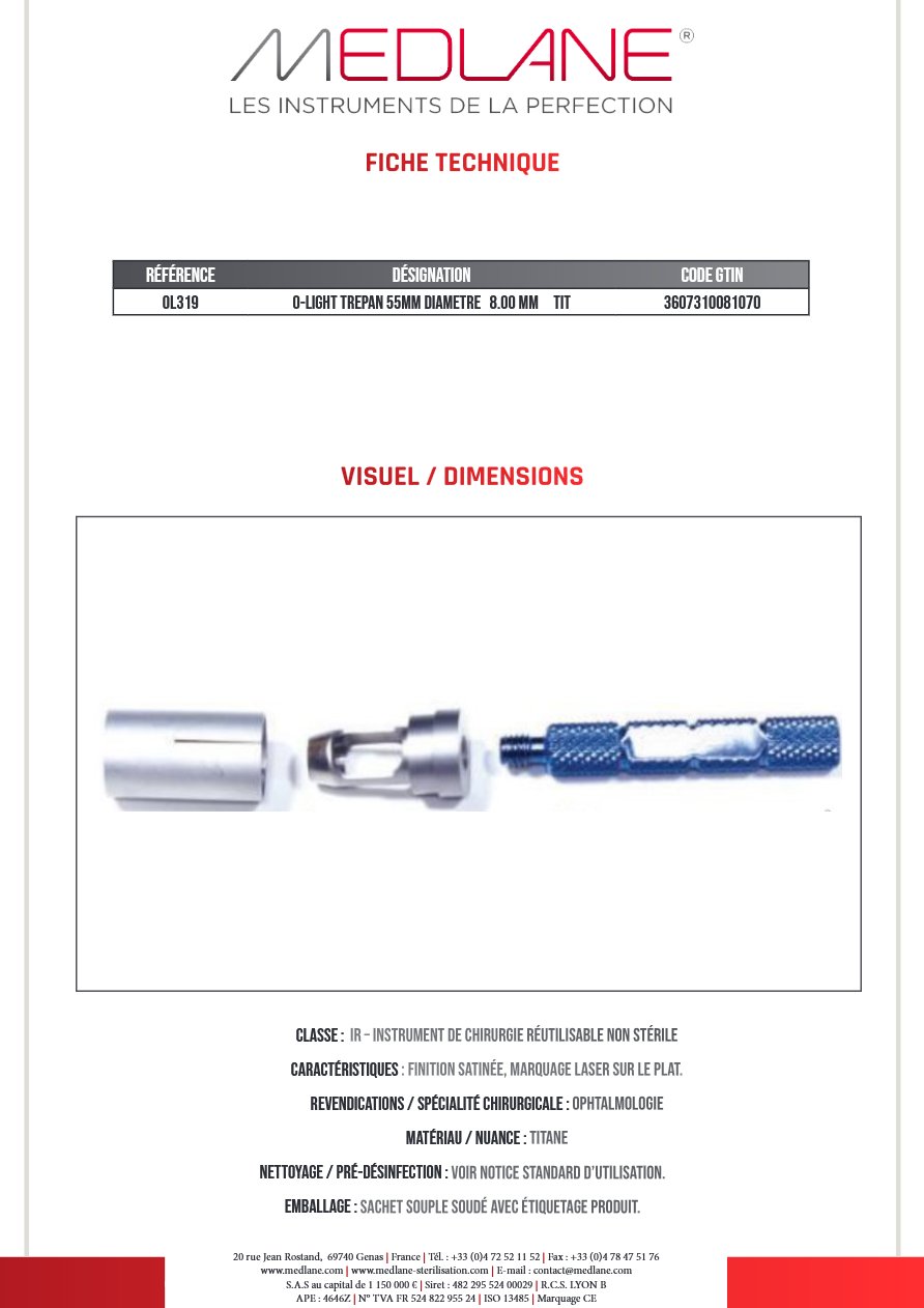 O-light Trepan 55MM Diametre 8.00 mm Titane — REF OL319