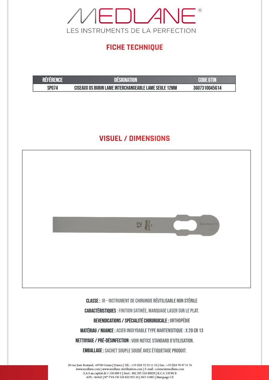 Ciseaux Os Burin Lame Interchangeable Lame Seule 12mm — REF SP074