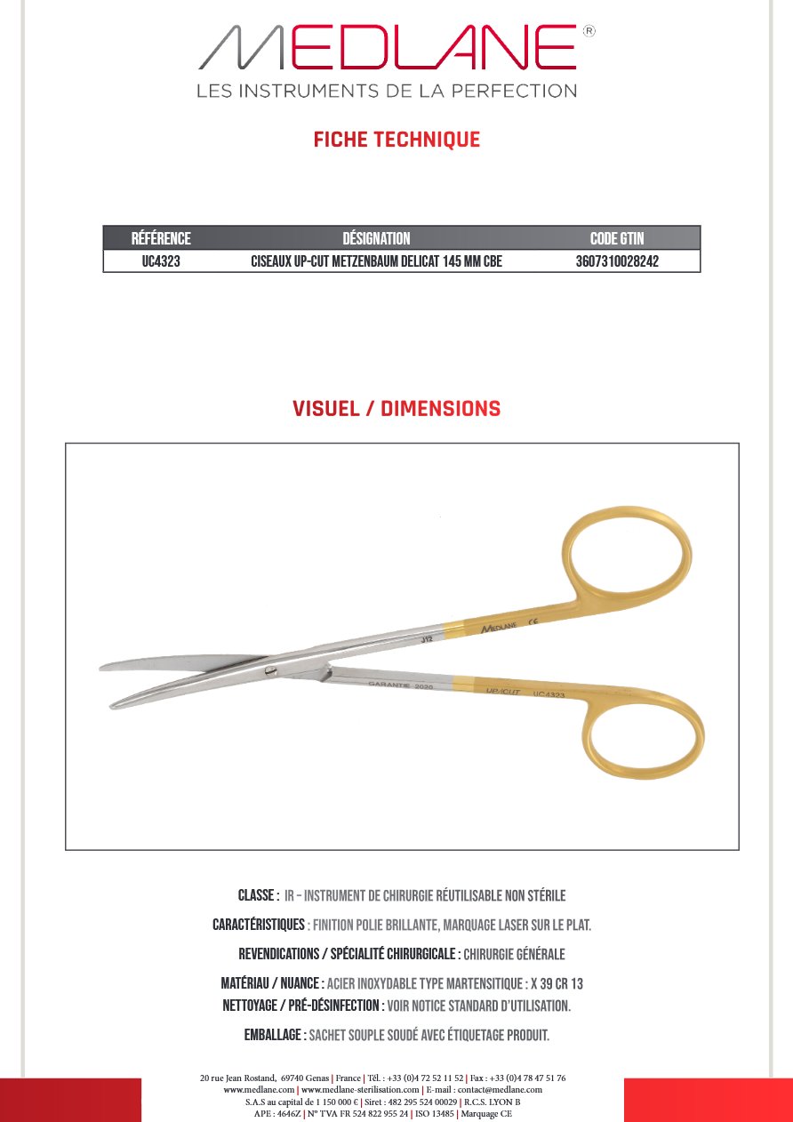 Photo produit MEDLANE : Ciseaux Up-cut Metzenbaum Delicat 145 mm Courbe, référence UC4323P