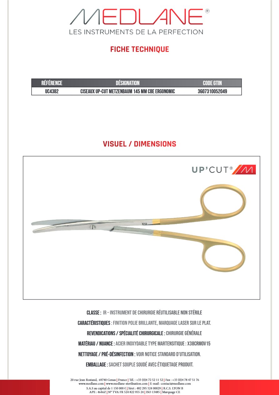 CISEAUX UP-CUT METZENBAUM 145 MM Courbe ERGONOMIC — REF UC4382